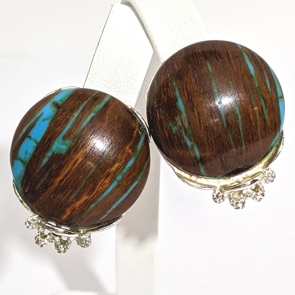 Huge Vintage Brown Blue & Silver Clip Earrings